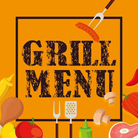 grill menu with delicious food and vegetables vector illustration designのイラスト素材