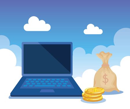 laptop technology with bag and coins money and clouds, vector illustrationのイラスト素材