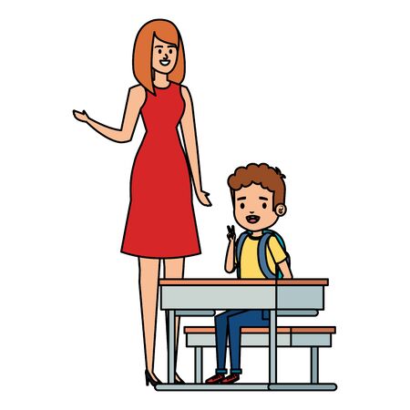 student boy seated in school desk with female teacher vector illustration designのイラスト素材