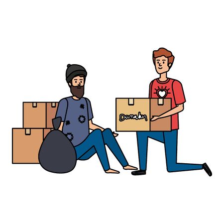 man volunteer giving a homeless man donations box vector illustration designのイラスト素材