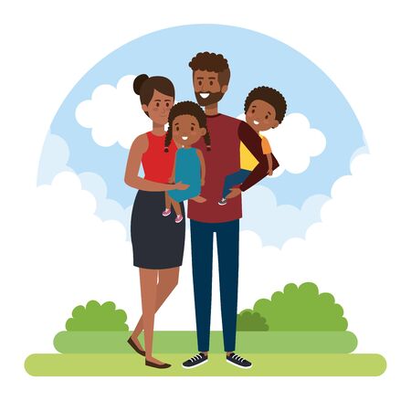 happy woman and man with their son and daughter with bushes vector illustrationのイラスト素材