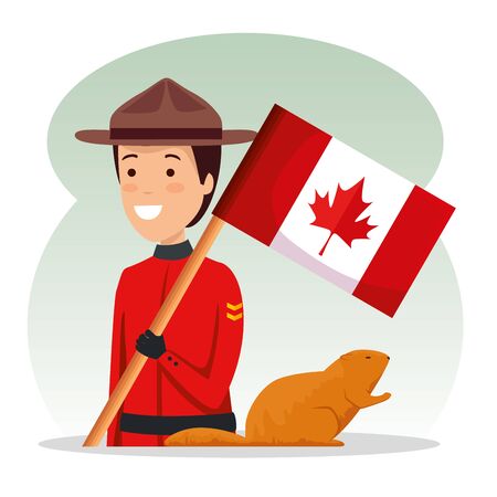 canada policeman with partiotic flag and beaver vector illustrationのイラスト素材
