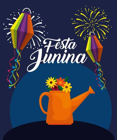 lanterns with flowers plants and watering can vector illustrationのイラスト素材