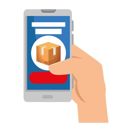hand using smartphone with delivery box app vector illustration designのイラスト素材