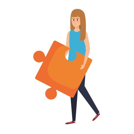 young woman lifting puzzle game piece vector illustration designのイラスト素材