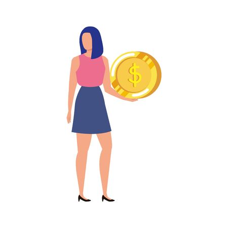 young woman with coins money character vector illustration designのイラスト素材