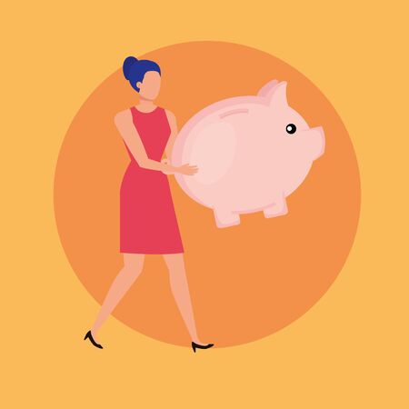 young woman with piggy savings character vector illustration designのイラスト素材