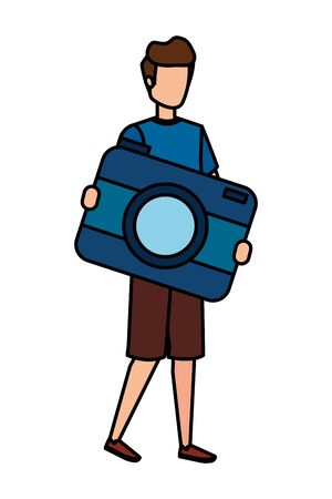 young man lifting camera photographic character vector illustration designのイラスト素材