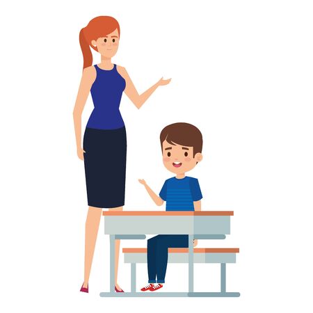 student boy seated in school desk with female teacher vector illustration designのイラスト素材