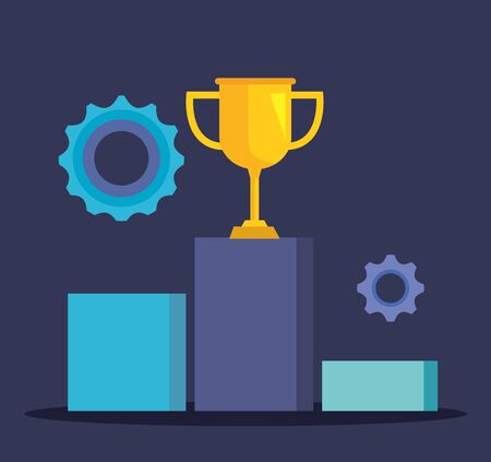 statistics bar with gears and prize cup to office bussiness vector illustrationのイラスト素材