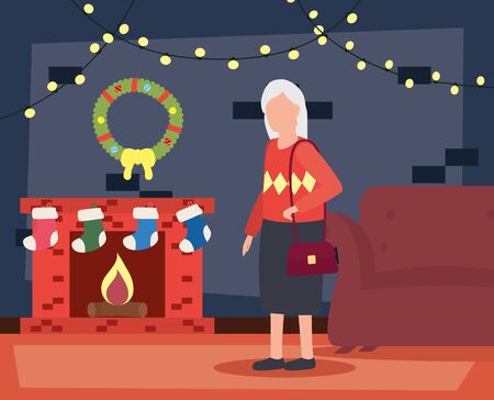 grandmother in livingroom with christmas decoration vector illustration designのイラスト素材