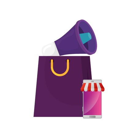 megaphone with smartphone and bag shopping isolated icon vector illustration designのイラスト素材