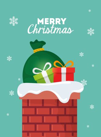 merry christmas poster with gift boxes and bags presents in chimney vector illustration designのイラスト素材
