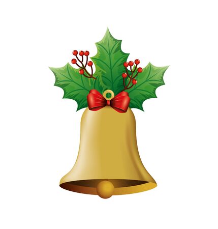 bell christmas decoration with bow ribbon and leafs vector illustration designのイラスト素材