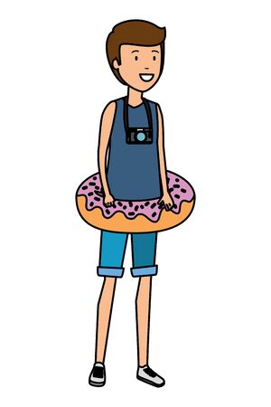 young man with swimsuit and float donut vector illustration designのイラスト素材