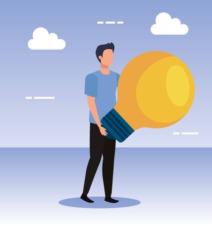 man with bulb idea and clouds to business strategy over blue background, vector illustrationのイラスト素材
