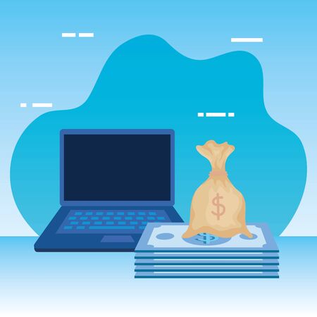 bills money dollars with laptop vector illustration designのイラスト素材