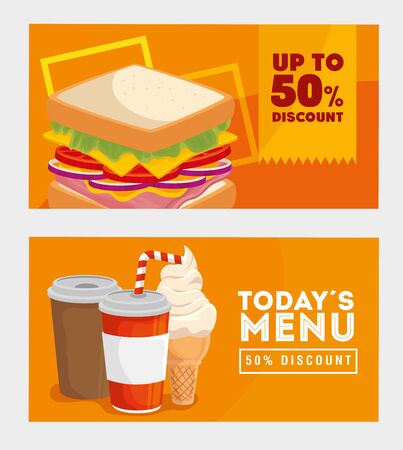 set of poster offer delicious fast food vector illustration designのイラスト素材