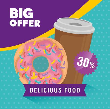 poster of big offer with donut and drink vector illustration designのイラスト素材