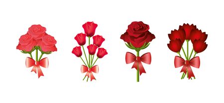 set of bouquets flowers with bow ribbon vector illustration designのイラスト素材