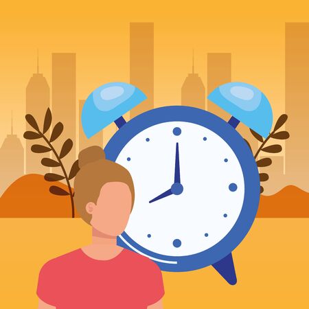 young woman with alarm clock vector illustration designのイラスト素材