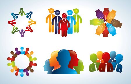 bundle silhouette of teamwork and icons vector illustration designのイラスト素材