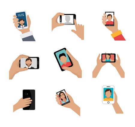 bundle of hands with smartphone taking selfies vector illustration designのイラスト素材