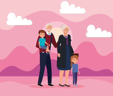 cute grandparents with their boy and girl kids in the landscape, vector illustrationのイラスト素材