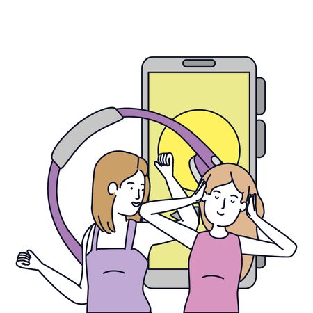 young girls listen music with earphones and smartphone vector illustration designのイラスト素材