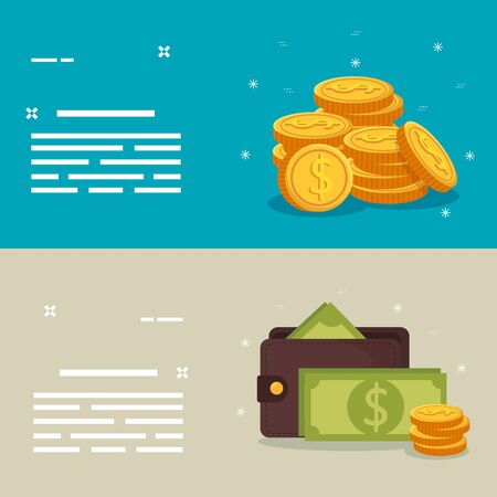 set of coins with wallet and bills vector illustration designのイラスト素材