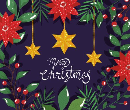 poster of merry christmas with flowers and stars hanging vector illustration designのイラスト素材