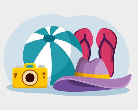 hat with flip-flop and ball with camera in the beach to summer time vector illustrationのイラスト素材