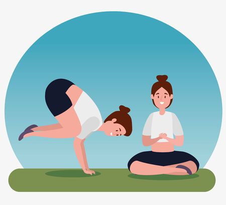 women practice yoga exercise pose to lifestyle balance, vector illustrationのイラスト素材