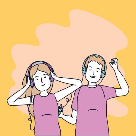 young couple friends listen music with player vector illustration designのイラスト素材
