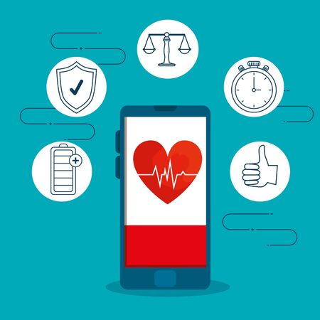 smartphone with heartbeat and exercise harmony lifestyle vector illustrationのイラスト素材