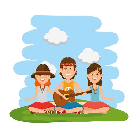hippies playing guitar in the field vector illustration designのイラスト素材