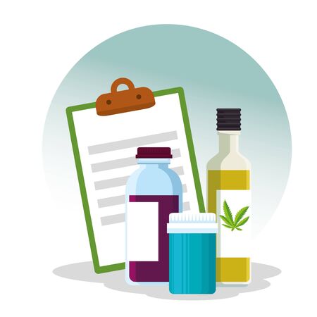 cannabis medicine oil bottles with pills and check list document vector illustrationのイラスト素材