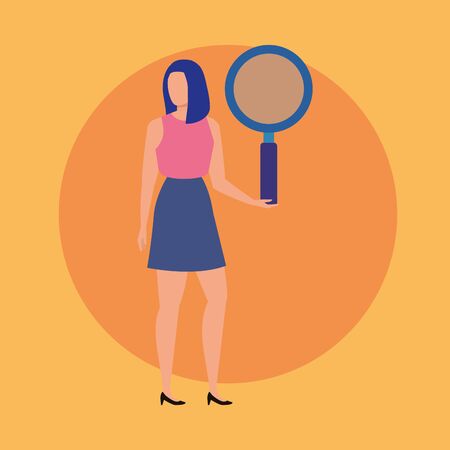 young woman with magnifying glass character vector illustration designのイラスト素材