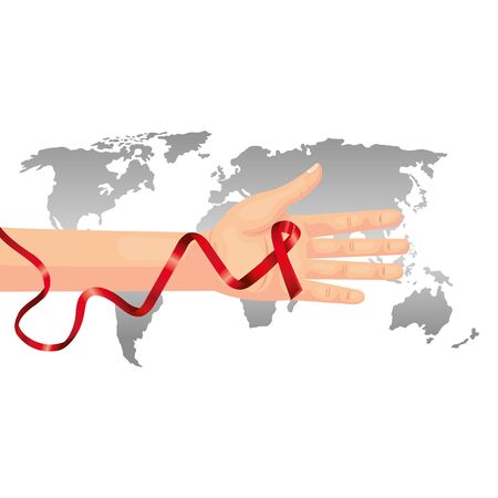 hand with aids day awareness ribbon and planet earth vector illustration designのイラスト素材