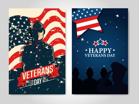 set of poster veterans day with decoration vector illustration designのイラスト素材