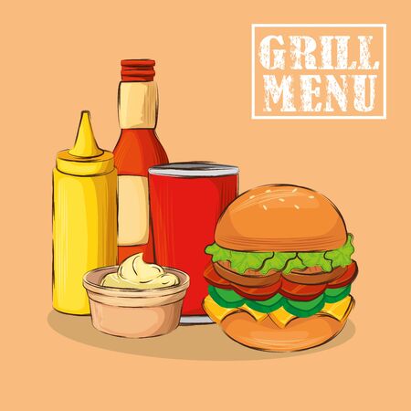 grill menu with delicious hamburger vector illustration designのイラスト素材