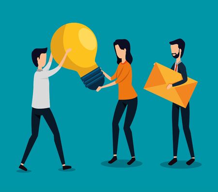 businessmen and businesswoman teamwork with bulb idea and letter message to social plan, vector illustrationのイラスト素材