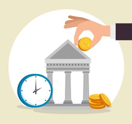 hand with coins and bank strategy with clock over gray background, vector illustrationのイラスト素材