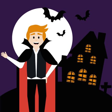 young man disguised of vampire with home haunted vector illustration designのイラスト素材