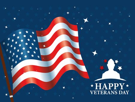 happy veterans day celebration with silhouette military and flag vector illustration designのイラスト素材