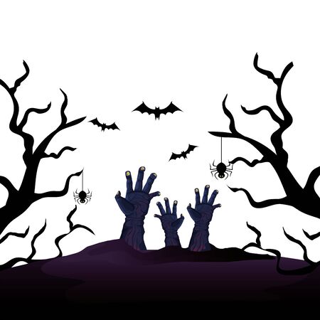 hands of zombie for halloween with bats flying vector illustration designのイラスト素材