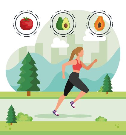 woman running practice with fruits and tomato to healthy food, vector illustrationのイラスト素材
