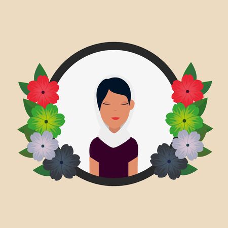 islamic woman with traditional burka and floral crown vector illustration designのイラスト素材