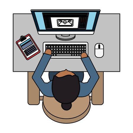 businesswoman using desktop in the workplace airview vector illustration designのイラスト素材