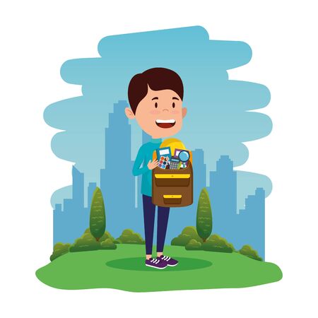 happy student boy with schoolbag in the field vector illustration designのイラスト素材